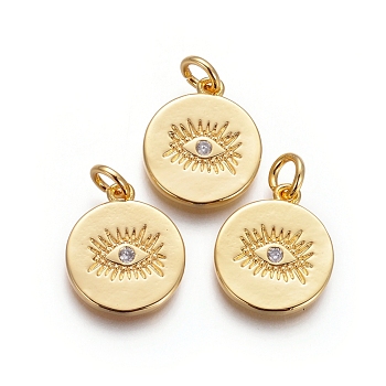 Brass Pendants, with Cubic Zirconia and Jump Rings, Flat Round with Evil Eye, Clear, Golden, 15x13x1.5mm, Hole: 3mm