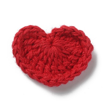 Heart Handmade Crochet Cotton Ornament Accessories, for DIY Sewing Craft Decoration, Red, 29~34x35~38x3~3.5mm