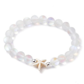 Beach Starfish Dyed Synthetic Turquoise Bead Bracelets, 8mm Round Synthetic Moonstone Beaded Stretch Bracelets for Women Men, Beige, Inner Diameter: 2-1/8 inch(5.5cm), 8mm