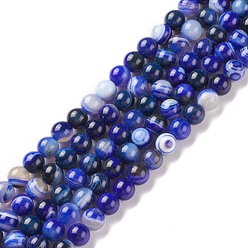 Natural Striped Agate/Banded Agate Beads Strands, Dyed & Heated, Round, Medium Blue, 8mm, Hole: 1.2mm, about 47pcs/strand, 14.96 inch(38cm)