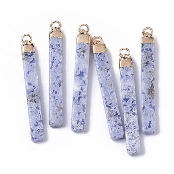 Top Golden Plated Natural Sodalite Pendants, with Golden Tone Iron Loops, Bar, 44~45x5.5x3mm, Hole: 2mm