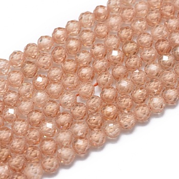 Cubic Zirconia Beads Strands, Faceted, Round, Bisque, 4mm, Hole: 0.8mm, about 91pcs/strand, 15 inch(38cm)