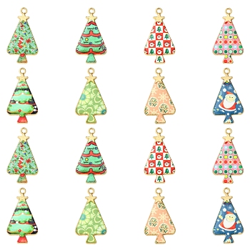 16Pcs 8 Colors Christmas Theme Rack Plating Alloy Pendants, with Enamel, Golden, Christmas Trees Charm, Mixed Color, 31x17x1.5mm, Hole: 1.8mm, 2pcs/color