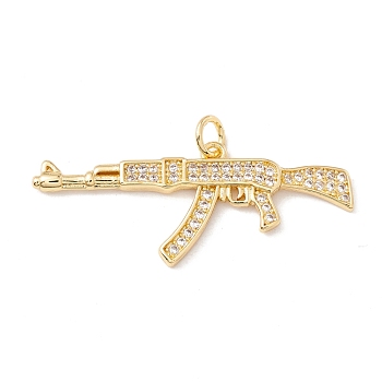 Brass Micro Pave Clear Cubic Zirconia Pendants, with Jump Rings, Cadmium Free & Lead Free, Long-Lasting Plated, Gun, Real 18K Gold Plated, 15x36x2mm, Hole: 3mm
