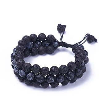 Adjustable Natural Snowflake Obsidian Braided Bead Bracelets, with Natural Lava Rock Beads and Nylon Cord, 2-3/8 inch~3 inch(5.9~7.8cm)