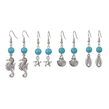 Synthetic Turquoise Beaded Dangle Earrings, Tibetan Style Alloy Ocean Theme Earrings, Mixed Shape, Antique Silver, 40~56x8~12mm