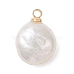 Natural Nucleated Pearl Keshi Pearl Flat Round Charms, with Brass Bails, Golden, White, 14.5x10.5x6.5mm, Hole: 1.6mm(PALLOY-JF04781)
