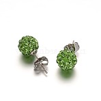 Polymer Clay Rhinestone Ball Stud Earrings, with Stainless Steel Stud Earring Findings, Stainless Steel Color, Peridot, 10mm, Pin: 0.8mm(EJEW-F0083-01A)