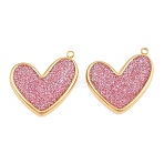 304 Stainless Steel Enamel & Glitter Powder Pendants, Heart Charms, Ion Plating(IP), Real 18K Gold Plated, Flamingo, 18x21x3.5mm, Hole: 1mm(STAS-G398-19G-04)