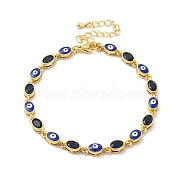 Enamel Evil Eye & Glass Oval Link Chain Bracelet, Golden Brass Jewelry for Women, Medium Blue, 7-1/4 inch(18.3cm)(BJEW-G663-01G-03)