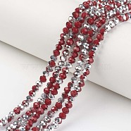 Electroplate Opaque Glass Beads Strands, Half Silver Plated, Faceted, Rondelle, Dark Red, 8x6mm, Hole: 1mm, about 63~65pcs/strand, 39~40cm(EGLA-A034-P8mm-M06)