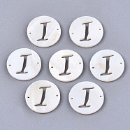 Natural Freshwater Shell Links Connectors, Flat Round with Letter, Letter.J, 14.5x1.5mm, Hole: 0.9mm(SHEL-S276-120J)
