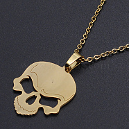 201 Stainless Steel Pendants Necklaces, with Cable Chains and Lobster Claw Clasps, Skull, Golden, 17.71 inch(45cm), 1.5mm(NJEW-S105-JN681-45-2)