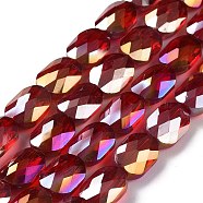 Faceted Electroplated Transparent Glass Beads Strands, AB Color Plated, Oval, Dark Red, 10.5x8x5mm, Hole: 1.5mm, about 58~60pcs/strand, 25.59 inch(65cm)(GLAA-G092-B02)