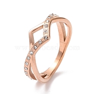 Crystal Rhinestone Wave Finger Ring, Ion Plating(IP) 304 Stainless Steel Jewelry for Women, Rose Gold, US Size 7(17.3mm)(RJEW-D120-15B-RG)
