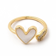 Natural Shell Heart Open Cuff Ring with Cubic Zirconia, Brass Jewelry for Women, Golden, Inner Diameter: 17mm(KK-A180-46G)