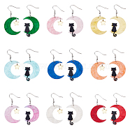 FIBLOOM 9 Sets 9 Colors Moon & Star & Cat Resin Asymmetrical Earrings, Dangle Stud Earrings with Steel Pins for Women, Mixed Color, 54.5x27mm, 58.5x26mm, 1 set/color(EJEW-FI0002-35)