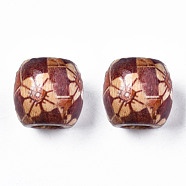 Printed Natural Wood Beads, Large Hole Beads, Barrel with Rhombus & Flower, Brown, 18x17mm, Hole: 7mm, about 310pcs/500g(WOOD-S053-60)
