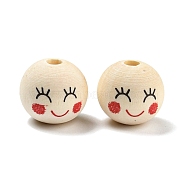 Printed Wood European Beads, Wooden Large Hole Round Beads with Smiling Face Print, Undyed, Red, 20x18mm, Hole: 5mm, about 217pcs/500g.(WOOD-K009-01B)