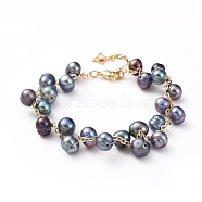 Cultured Freshwater Pearl  Beaded Bracelets, with Brass Cable Chains, Cubic Zirconia Charms and Lobster Claw Clasps, Cardboard Box, Golden, Prussian Blue, 7-1/4 inch(18.5cm)(BJEW-JB04819-02)