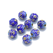 Golden Tone Brass Enamel Beads, Round, with Chinese Character, Blue, 10mm, Hole: 2mm(KK-L184-87G)