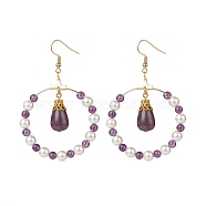 Shell Pearl & Natural Amethyst Beaded Big Ring with Teardrop Dangle Earrings, 304 Stainless Steel Jewelry for Women, Golden, 68mm, Pin: 0.5mm(EJEW-JE05044)