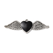 Alloy Pendants, with Black Enamel, Antique Silver, Heart with Wing Charm, 18x54x3mm, Hole: 2mm(ENAM-Q503-02AS-06)