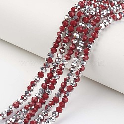 Electroplate Opaque Glass Beads Strands, Half Silver Plated, Faceted, Rondelle, Dark Red, 8x6mm, Hole: 1mm, about 65~68pcs/strand, 15.7~16.1 inch(40~41cm)(EGLA-A034-P8mm-M06)