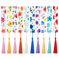 20Pcs 10 Colors Acrylic Bookmarks, Polyester Tassel Pendant Book Marker, Rectangle with Flower Pattern, Mixed Color, 260~267mm, 2pcs/color(AJEW-SP0003-38)