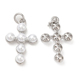 Brass Plastic Imitation Pearls Pendants, with Jump Ring, Cadmium Free & Lead Free, Long-Lasting Plated, Cross Charms, Platinum, 22x14.5x5mm, Hole: 3mm(KK-Q775-23P)