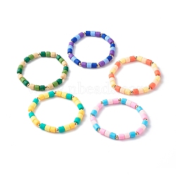 Handmade Polymer Clay Column Beads Stretch Bracelets, with Brass Beads, Mixed Color, Inner Diameter: 2~2-1/8 inch(5.15~5.25cm)(BJEW-JB06425)