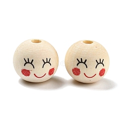 Printed Wood European Beads, Wooden Large Hole Round Beads with Smiling Face Print, Undyed, Red, 20x18mm, Hole: 5mm, about 217pcs/500g.(WOOD-K009-01B)