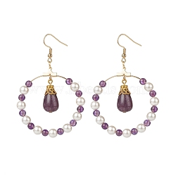 Shell Pearl & Natural Amethyst Beaded Big Ring with Teardrop Dangle Earrings, 304 Stainless Steel Jewelry for Women, Golden, 68mm, Pin: 0.5mm(EJEW-JE05044)