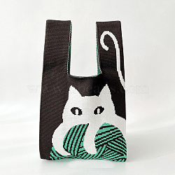 Polyester Cat Print Knitted Tote Bags, Cartoon Crochet Handbags for Women, Black, 36x20cm(PW-WG26643-02)