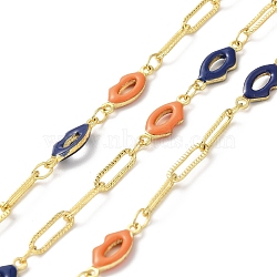Handmade Enamel Lip Link Chains, Real 18K Gold Plated Brass Rectangle Link Chains, Soldered, with Spool, Cadmium Free & Lead Free, Midnight Blue, Rectangle: 9x3x0.5mm, Lip: 12.5x5x2mm(CHC-M024-05G-03)