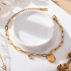 304 Stainless Steel Charm Bracelets, with Paperclip Chains and Clear Cubic Zirconia, Heart, Golden, 6-7/8 inch(17.5cm)(STAS-D152-01G)
