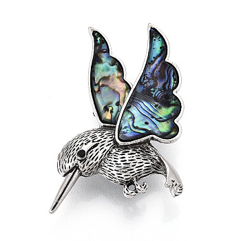 Abalone Shell/Paua Shell Brooches/Pendants, with Resin Bottom and Alloy Findings, Bird, Antique Silver, Dark Slate Gray, 31~32x53.5x12~12.5mm, hole: 6x3mm, Pin: 0.7mm