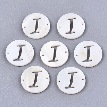 Natural Freshwater Shell Links Connectors, Flat Round with Letter, Letter.J, 14.5x1.5mm, Hole: 0.9mm