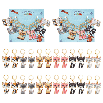 12Pcs 6 Style Cat Alloy Enamel Pendant Locking Stitch Markers, 304 Stainless Steel Stitch Markers, Mixed Color, 4.5cm, 2pcs/style