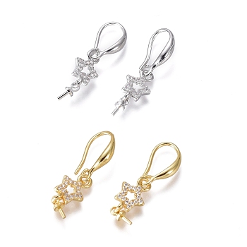 Brass Micro Pave Cubic Zirconia Earring Hooks, Ear Wire, For Half-drilled Bead, Clear, Star, Mixed Color, 30mm, Pin: 1mm
