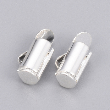 Brass Slide On End Clasp Tubes, Slider End Caps, Silver Color Plated, 6x8x4mm, Hole: 1x2.5mm, Inner Diameter: 3mm