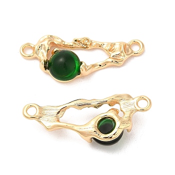 Brass Connector Charms, Oval Links with Glass, Real 18K Gold Plated, Dark Green, 12x31x6mm, Hole: 2mm