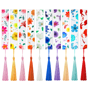 20Pcs 10 Colors Acrylic Bookmarks, Polyester Tassel Pendant Book Marker, Rectangle with Flower Pattern, Mixed Color, 260~267mm, 2pcs/color