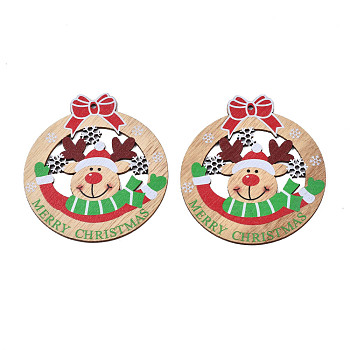 Christmas Theme Single-Sided Printed Wood Big Pendants, Reindeer/Stag, Colorful, 95x85x2.5mm, Hole: 2.5mm