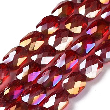 Faceted Electroplated Transparent Glass Beads Strands, AB Color Plated, Oval, Dark Red, 10.5x8x5mm, Hole: 1.5mm, about 58~60pcs/strand, 25.59 inch(65cm)