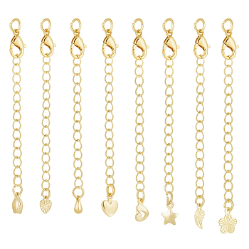 24Pcs 8 Styles Brass Curb Chain Extenders, End Chains with Chain Tab and Lobster Claw Clasp, Real 14K Gold Plated, 68~73mm, 3pcs/style