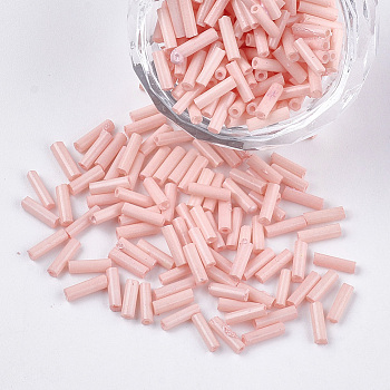 Glass Bugle Beads, Round Hole, Opaque Colours, Pink, 6~7x1.5~2mm, Hole: 0.8mm, about 10000pcs/bag