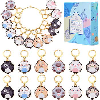 1 Set Cat Shape Alloy Enamel Pendant Stitch Markers, Crochet Leverback Hoop Charms, Locking Stitch Marker with Wine Glass Charm Ring, Mixed Color, 3.9cm, 6 style, 2pcs/style, 12pcs/set