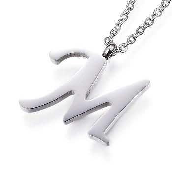 304 Stainless Steel Initial Pendant Necklaces, Letter M, with Cable Chains and Lobster Clasp, Stainless Steel Color, 18.11 inch(46cm)