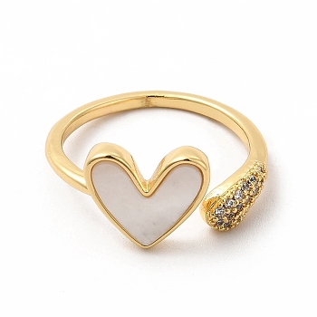 Natural Shell Heart Open Cuff Ring with Cubic Zirconia, Brass Jewelry for Women, Golden, Inner Diameter: 17mm